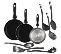 Well Home Set di 3 padelle Ø16Ø20Ø24cm in alluminio stampato grigio metallizzato + 6 utensili da cucina in PBT colore nero