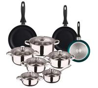 Well Home Set di utensili da cucina da 12 pezzi in acciaio inox + 3 padelle Ø16Ø20Ø24 cm blu metallizzato in alluminio pressato