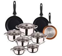 Well Home Set di utensili da cucina da 12 pezzi in acciaio inox + 3 padelle Ø16Ø20Ø24 cm Rame metallizzato in alluminio pressato