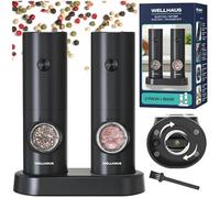 Wellhaus Macina sale e pepe elettrici: set da 2 pezzi, macinaspezie a batteria con base, luce LED bianca e grado di macinatura regolabile