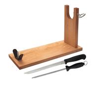 WellHome Porta prosciutto in legno con hardware a V 40x16x23 cm, fissaggio per spiedini e zoccoli, set coltelli per prosciutto (25 cm) e catena (21 cm) acciaio inossidabile e copertura di alta qualità