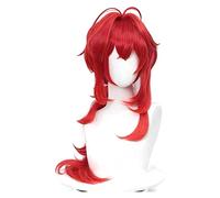 WELLHY Parrucca Cosplay Genshin Impact Diluc Cosplay 60 cm Capelli Rossi Lunghi Ricci Stile Resistente al Calore for Adulti Uomini Donne Halloween Giochi di Ruolo Anime Parrucche for Coser