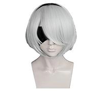 WELLHY Parrucca Cosplay Nier:Automata 2B Yorha No. 2 Tipo B Heroine Parrucca Corta Argento Bianca Bobo Resistente al Calore (Non includere Benda sull'occhio) for Coser