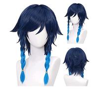 WELLHY Parrucca Cosplay Parrucca Cosplay Anime for Genshin Impact Venti Blu con Treccia Capelli Medio Lunghi Modellazione Parrucca da Festa Parrucca Resistente al Calore Capelli Sintetici Nessun Grovi