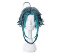 WELLHY Parrucca for Gioco Genshin Impact Xiao Parrucca Cosplay Verde Scuro Blu Corto Resistente al Calore Capelli Sintetici Parrucche for Giochi di Ruolo di Halloween + Cappuccio for Parrucca OneSize