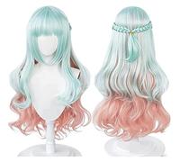 WELLHY Parrucca Kuon Shinzaki Parrucca Cosplay a Vita Alta Invasion Parrucca riccia Blu Lunga con Frangia Parrucca ondulata Rosa Sfumata Azzurra Accessori Parrucca Coser