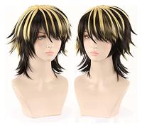 WELLHY Parrucca ondulata Naturale Corta bionda Mista Nera for Parrucca Cosplay Sintetica Anime da Festa for Parrucca Coser da Uomo