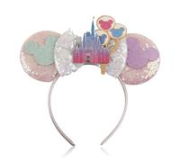 Wellrun Cerchietto per capelli con orecchie di topo rosa glitterato, con paillettes e fiocco da fiaba, accessorio per donne e donne, feste di compleanno, parchi a tema, vacanze, abbigliamento