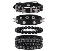 wellrun Set di 4 braccialetti neri con borchie, stile retrò anni '80, braccialetti punk per uomini e donne, braccialetti gotici rock, accessori multistrato regolabili per feste, Halloween, cosplay