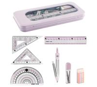 Wellrun Set di compasso e goniometro, scatola per attrezzature da disegno, simpatico kit geometrico con righello, gomma, ricariche per matita, set per scuola secondaria, ufficio, casa, misurazione