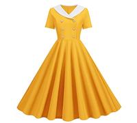 Wellwits Abito da donna vintage anni '40 con risvolto scollo a V e tasche a scacchi anni '50, Fancy Giallo, XL