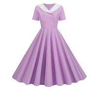 Wellwits Abito da donna vintage anni '40 con risvolto scollo a V e tasche a scacchi anni '50, Fancy Viola, M