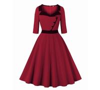 Wellwits Abito da lavoro vintage da donna con colletto e bottone, maniche 3/4, anni '40, rosso vivo, S