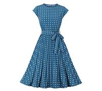 Wellwits - Abito vintage da donna con maniche corte a pieghe, stile anni 40 e 50, Blu, 4XL