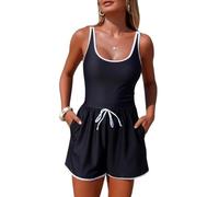 Wellwits Tuta corta da donna, costume da bagno increspato, canotta tasche, Nero , XL