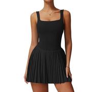 Wellwits Vestito da tennis da donna, scollo quadrato con schiena scoperta, a fisarmonica, taglio a sport a città, Nero , M