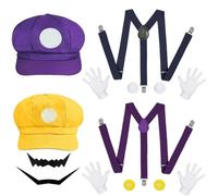 WELLXUNK Super Brothers Costume Accessori, Mario Costume Accessories, Super Bros Cappello Guanti Bretelle Baffi Finti Bottoni Accessori per Costume Super Bros Carnevale Halloween Cosplay