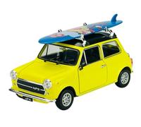 Welly modello auto compatibile con Mini Cooper 1300 giallo con tavola da surf giallo ca 1/24 1:24 in metallo modello auto Il cast nuovo in scatola