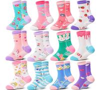 Welwoos Calzini antiscivolo bambino in cotone, calze antiscivolo bambine ragazze da 1-8 Anni, Modello divertente 12 Paia Regalo di Natale (Fiori colorati, 9-14 anni)