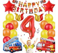 WENAUANG 32 Pcs Addobbi Compleanno Camion Pompieri 4 Anni, Vigili Del Fuoco Palloncini Ragazzo, Foil Palloncini Numeri, Decorazioni Compleanno, Bambini Auto Festa a Tema, Scuola, Compleanno