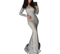Wenchuang Donne Eleganti Abito Lungo Aderente Paillettes Abiti da Sera Manica Lunga Argento M