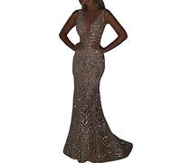 Wenchuang Vestito Lungo Donna Eleganti Abito con Paillettes Stretto Senza Maniche Collo V Profondo Argento S