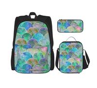 WenDang Borsa a tracolla doppia con motivo a squame di pesce, con borsa per il pranzo e astuccio, adatta per shopping, sport all'aria aperta