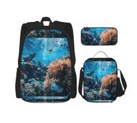 WenDang Coral Reef - Borsa a tracolla doppia con borsa per il pranzo e astuccio, adatta per shopping, sport all'aria aperta