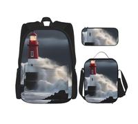 WenDang Lighthouse in Storm - Borsa a tracolla doppia con borsa per il pranzo e astuccio, adatta per lo shopping, sport all'aria aperta