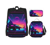 WenDang Retrowave Pictures - Set di borsa a tracolla doppia con borsa per il pranzo e astuccio, adatta per shopping, sport all'aria aperta