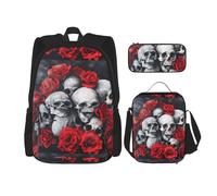 WenDang Set borsa a tracolla doppia con teschio e rosa rossa con borsa per il pranzo e astuccio, adatta per shopping, sport all'aria aperta