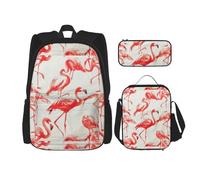 WenDang Set con borsa a tracolla doppia con fenicotteri su sfondo bianco, con borsa per il pranzo e astuccio, adatta per lo shopping, sport all'aria aperta