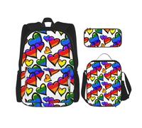 WenDang Set di borse a tracolla doppie, con motivo a cuori, colori arcobaleno, con borsa per il pranzo e astuccio, adatta per shopping, sport all'aria aperta