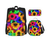 WenDang Set di borse a tracolla doppie, motivo girasole arcobaleno, con borsa per il pranzo e astuccio, adatta per shopping, sport all'aria aperta