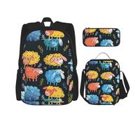 WenDang Simpatica borsa a tracolla con motivo di pecore colorate con motivo cartone animato, con borsa per il pranzo e astuccio, adatta per lo shopping, sport all'aria aperta