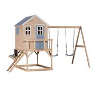 Wendi Toys casetta con e doppia altalena per bambini da esterno e cucina gioco da giardino, casa in legno FSC, 192×405×242 cm, piattaforma 90 cm, con sabbiera e torre da arrampicata, blu - M27PB-K