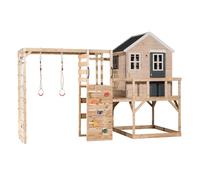 Wendi Toys casetta con parete da arrampicata, rete da arrampicata e barre ginniche, torre gioco in legno FSC 197×356×242 cm, con scala e monkey bar, grigia - M21G-G