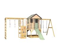 Wendi Toys casetta con scivolo e altalena per bambini da esterno in legno, 342×508×242 cm parco giochi con struttura da arrampicata con parete da arrampicata, rete, sabbiera, Verde pastello - M50PGN-G