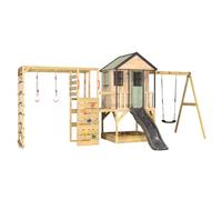 Wendi Toys casetta con scivolo e altalena per bambini da esterno in legno, 342×508×242 cm parco giochi con struttura da arrampicata con parete da arrampicata, rete, sabbiera, Verde/Grigio - M50PGG-G