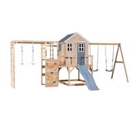 Wendi Toys casetta con scivolo e altalena per bambini da esterno in legno, doppia altalena e parete da arrampicata con rete, 342×563×242 cm parco giochi per bambini, blu - M28L-G