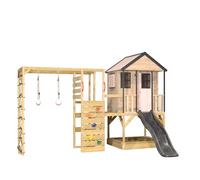 Wendi Toys casetta di legno per bambini con scivolo e area arrampicata rete da arrampicata e sabbiera, parco giochi di legno FSC, 340×360×242 cm casa gioco da giardino, Rosa/Grigio - M48PPG-G