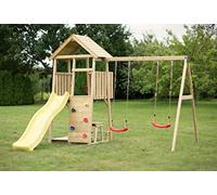 casetta torre in legno per bambini con altalene, scivolo , arrampicata e tavolo