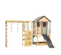 Wendi Toys M48PGG-G - Casa con scivolo, torre da arrampicata in legno FSC, casetta per bambini da giardino con piattaforma, 90/120 cm, parete da arrampicata, rete da ginnastica, 340 x 360 x 242 cm