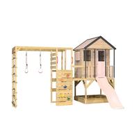 Wendi Toys M48PP-G Casa a palafitte con scivolo e torre da arrampicata in legno FSC, casetta giocattolo per bambini all'aperto con piattaforma 90/120 cm, parete da arrampicata, rete da ginnastica
