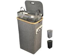 WendyNest® Cesto Portabiancheria 100L con Coperchio - Contenitore Panni Sporchi con Sacca Estraibile, Manici in Bambù e Tasca Laterale - Cesto Panni Elegante e Salvaspazio per Casa - Grigio