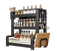 WENFEN Kitchen Utensil Holder,Utensil Organiser, Kitchen Seasoning Rack, 2 Tier Tableware Holder for Countertops,Cutlery Organizer with Cutting Board & Lid Pot,Kitchen Storage Shelf with Hooks,A(B)