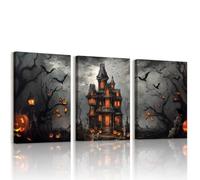 WENGTIAO 3 Pezzi Stampa su Tela Halloween Con Cornice Quadro su Tela Castello stregato e zucche inquietanti Pittura per Halloween Decorazioni Parete Casa Party Decor 40x60cmx3