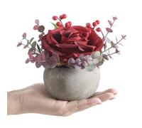 Wenhuidr Kit di fiori artificiali con vaso, combinazione di rose finte bordeaux e verde, piccola pianta finta in vaso con foglie di eucalipto per ufficio, libreria, casa, stanza, feste, decorazioni