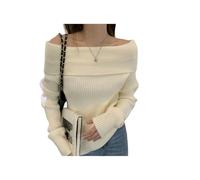 WENJIN Maglione Donna Sexy Bianco Colletto Piatto Maglione per Le Donne, Clavicola Fuori Spalla Maglione per Dimagrire-Bianco-Taglia Unica