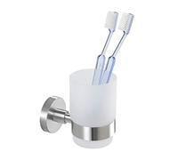 WENKO 19615100 Bicchiere portaspazzolini con supporto Uno Bosio satinato, Acciaio inossidabile, 7 x 9.5 x 10.5 cm, Opaco